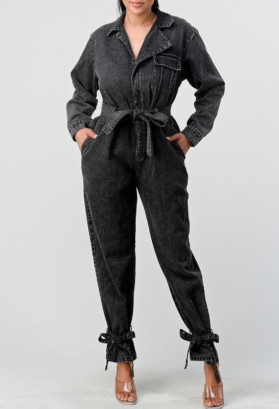 Denim – One-Piece Outfits | ATHINA BLACK WASHED DENIM TIE DETAIL JUMPSUIT - Modestly Vogue 