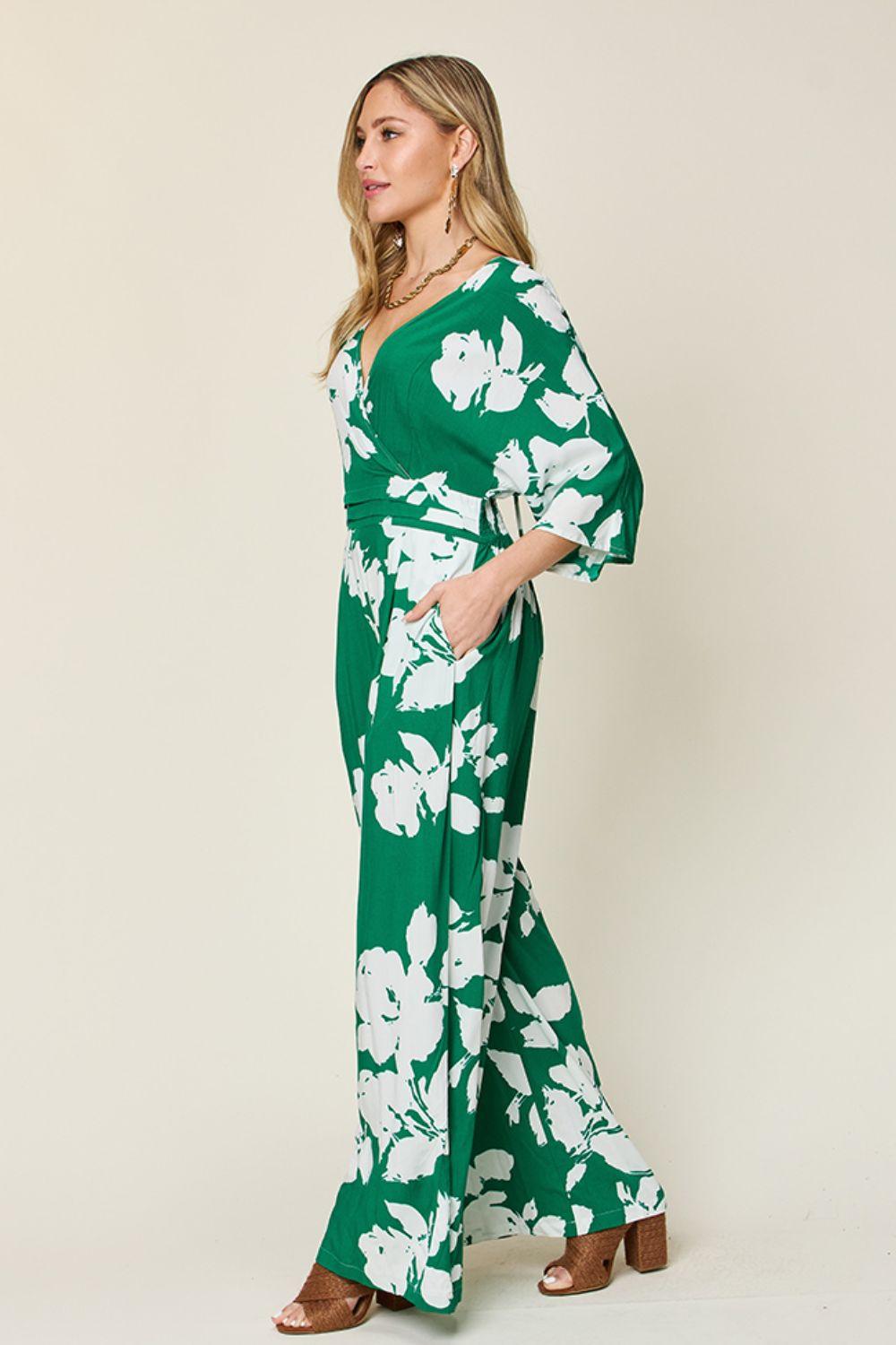 One-Piece Outfits for Every Occasion | Double Take Full Size Printed Tie Back Wide Leg Jumpsuit - Modestly Vogue 