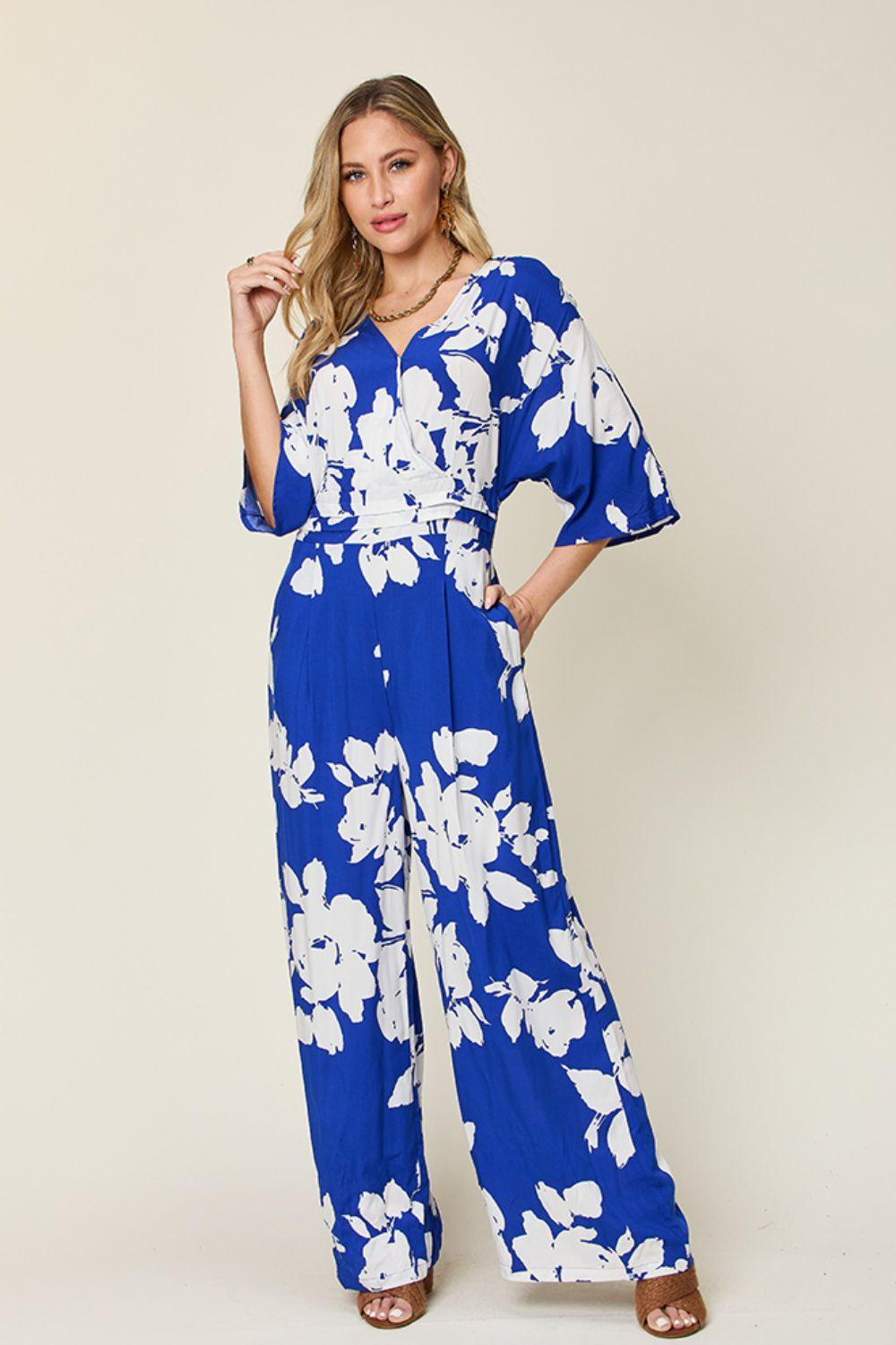 One-Piece Outfits for Every Occasion | Double Take Full Size Printed Tie Back Wide Leg Jumpsuit - Modestly Vogue 