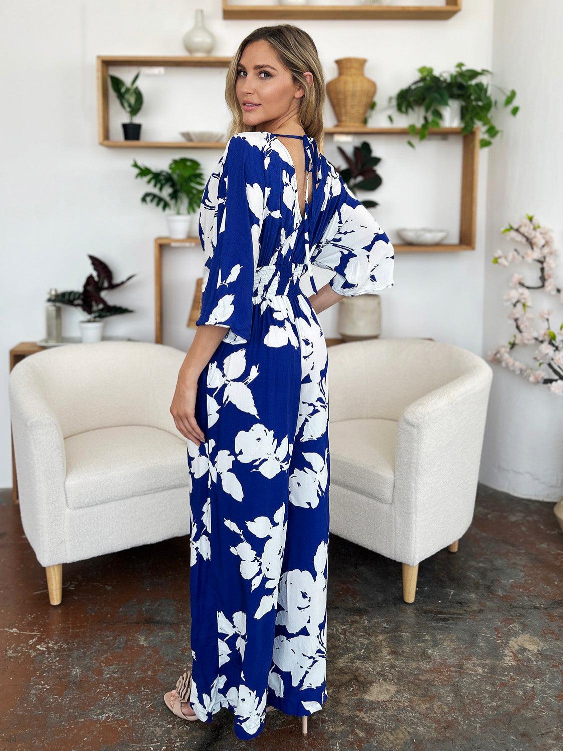 One-Piece Outfits for Every Occasion | Double Take Full Size Printed Tie Back Wide Leg Jumpsuit - Modestly Vogue 