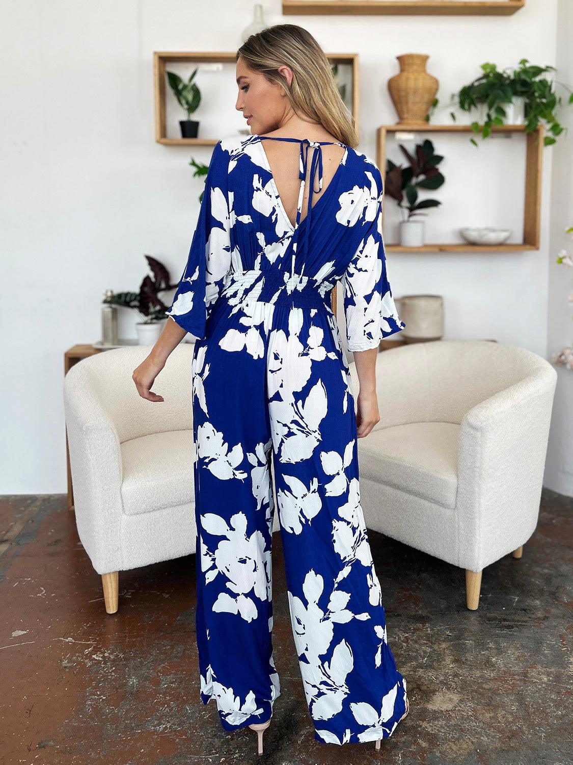 One-Piece Outfits for Every Occasion | Double Take Full Size Printed Tie Back Wide Leg Jumpsuit - Modestly Vogue 