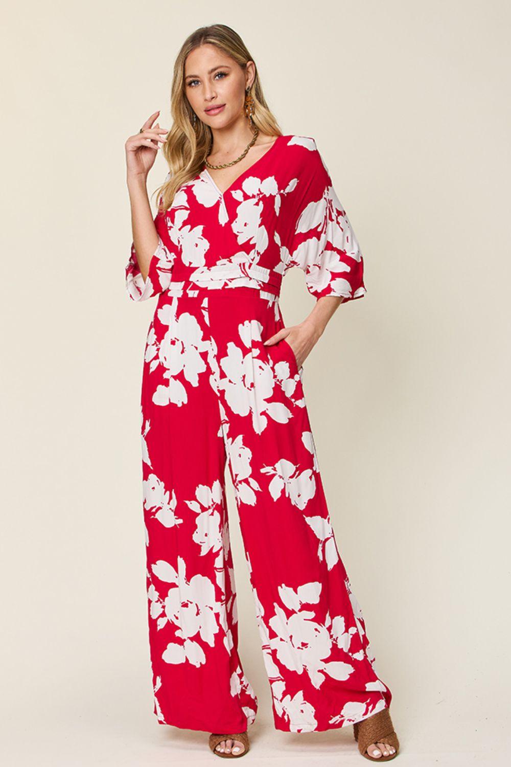 One-Piece Outfits for Every Occasion | Double Take Full Size Printed Tie Back Wide Leg Jumpsuit - Modestly Vogue 