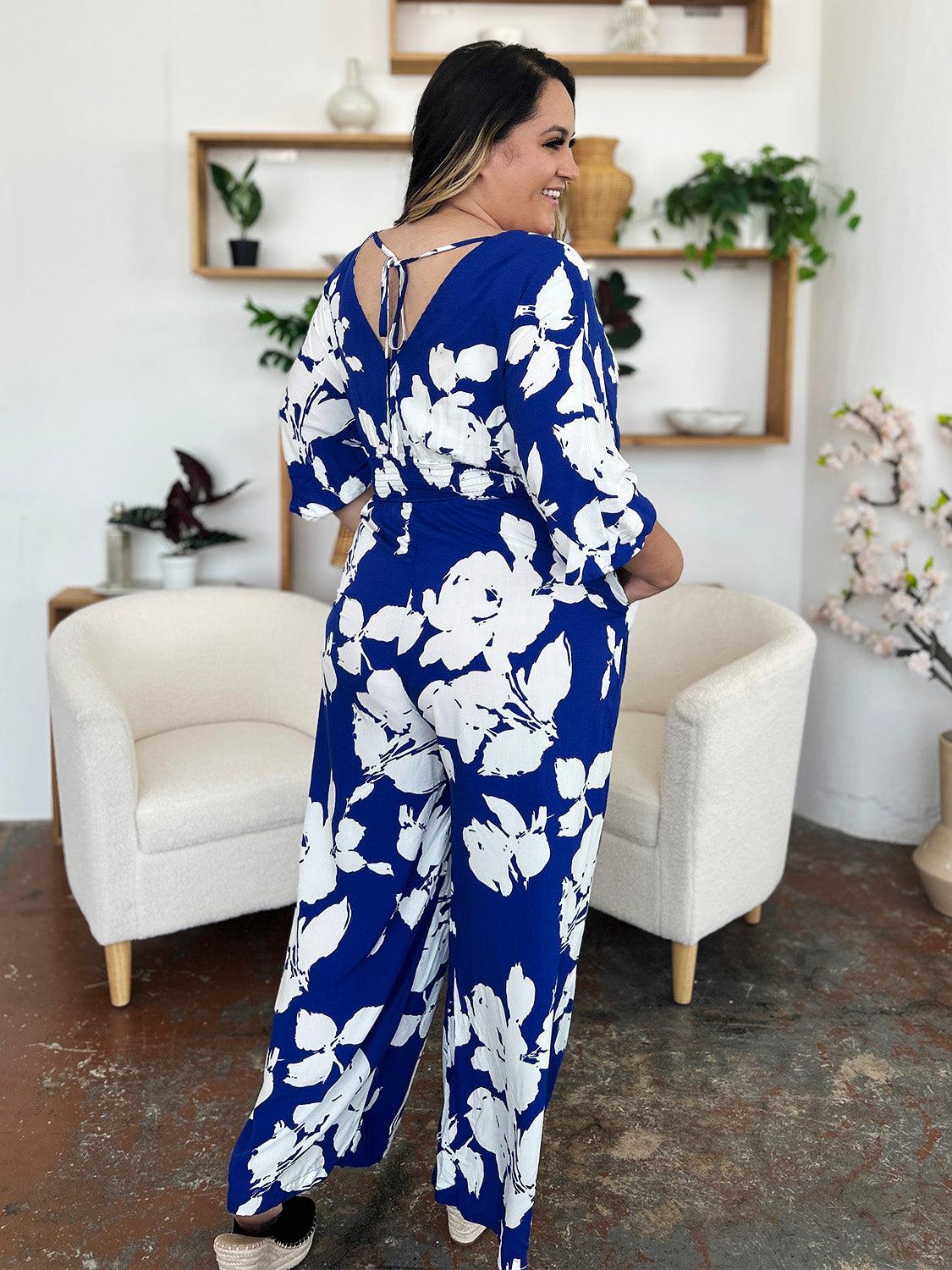 One-Piece Outfits for Every Occasion | Double Take Full Size Printed Tie Back Wide Leg Jumpsuit - Modestly Vogue 