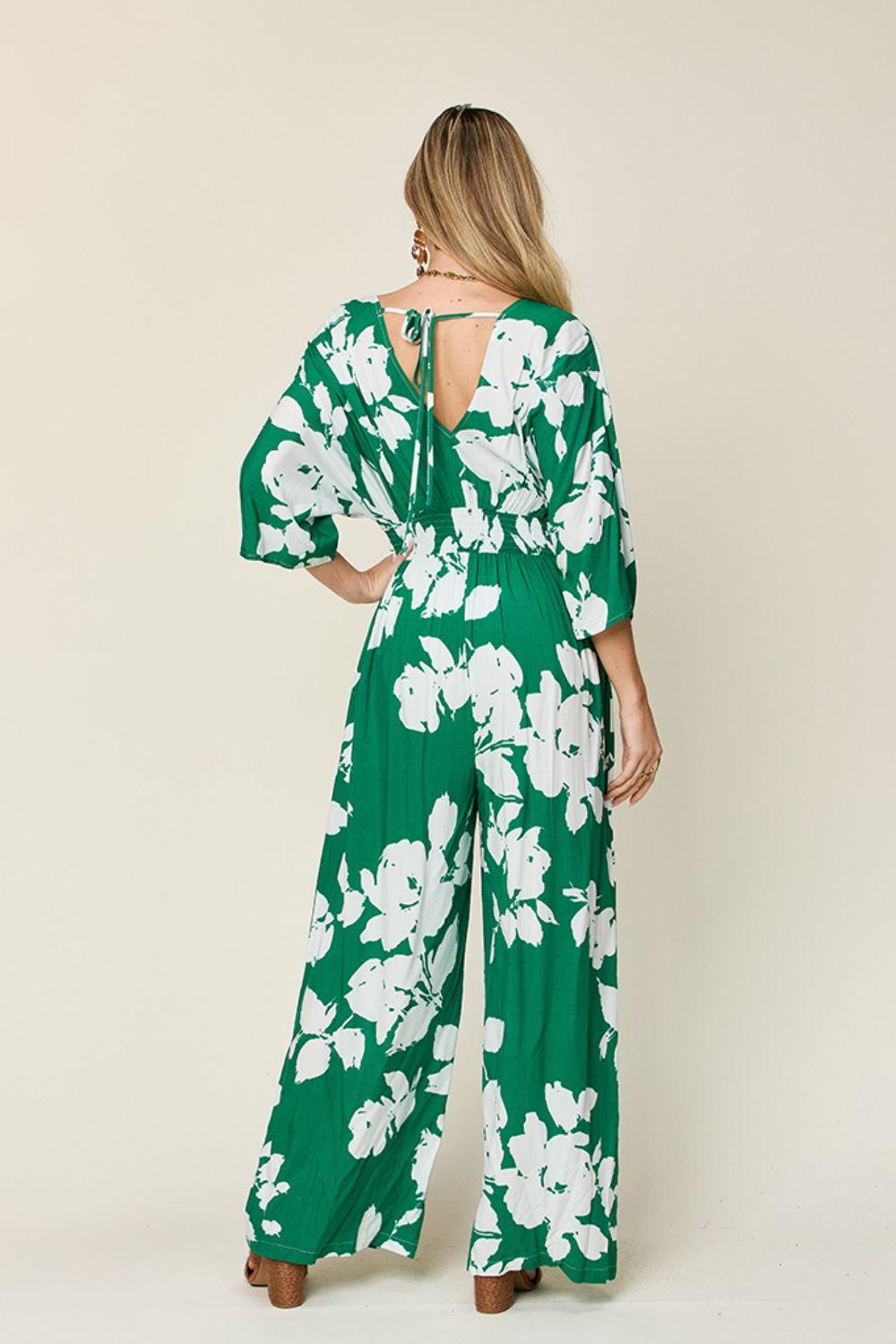 One-Piece Outfits for Every Occasion | Double Take Full Size Printed Tie Back Wide Leg Jumpsuit - Modestly Vogue 