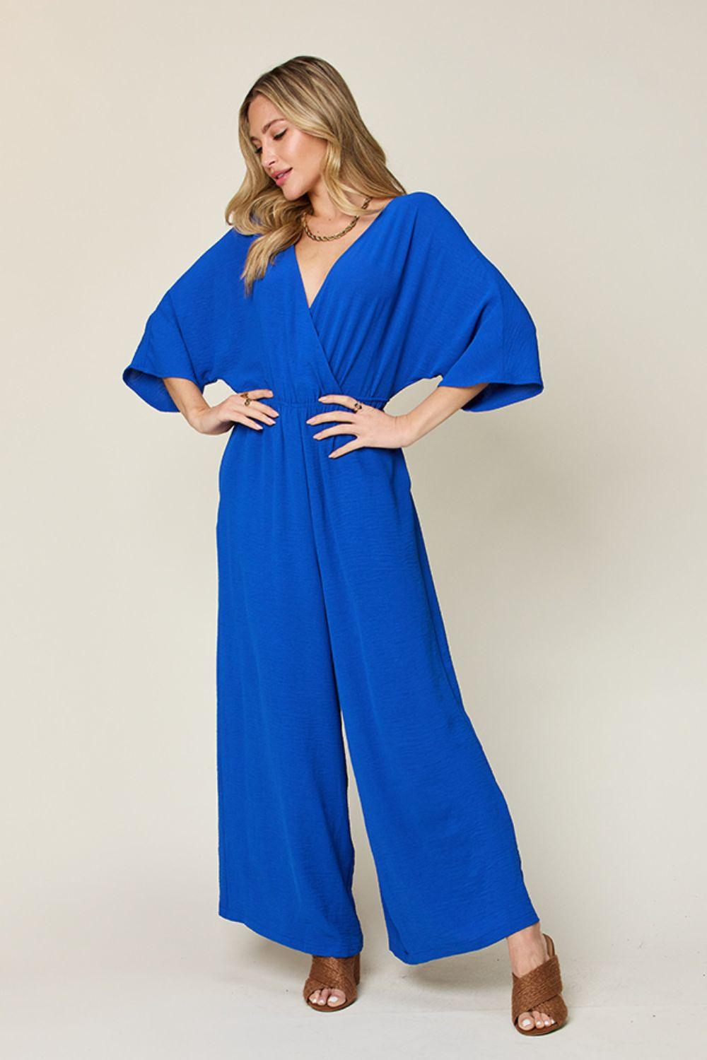 One-Piece Outfits for Every Occasion | Double Take Full Size Surplice Wide Leg Jumpsuit with Pockets - Modestly Vogue 