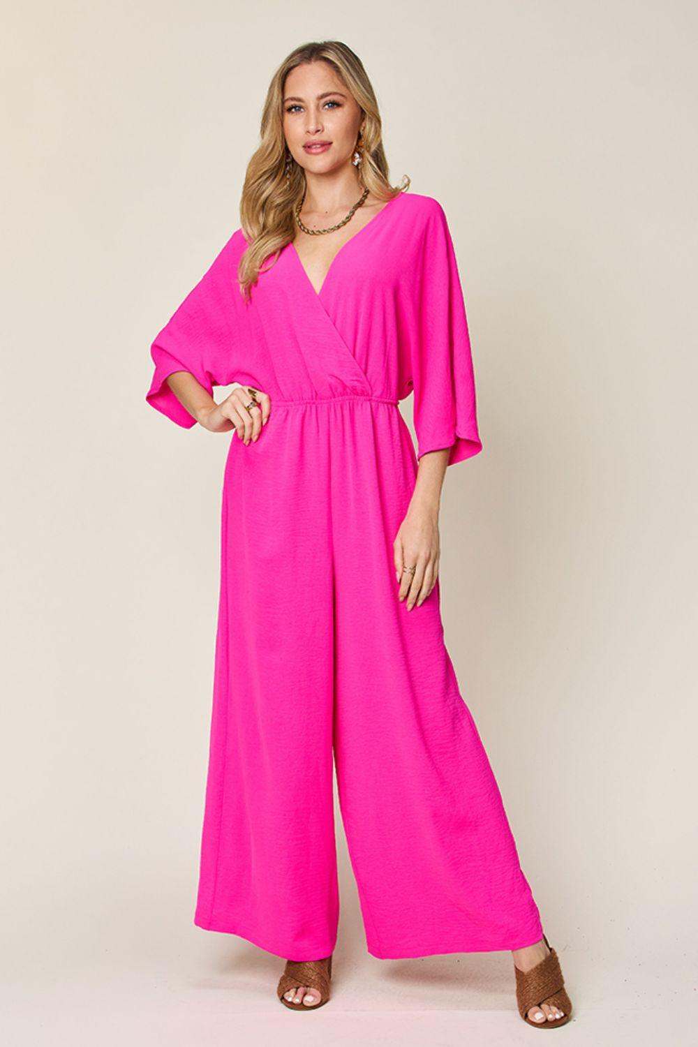 One-Piece Outfits for Every Occasion | Double Take Full Size Surplice Wide Leg Jumpsuit with Pockets - Modestly Vogue 