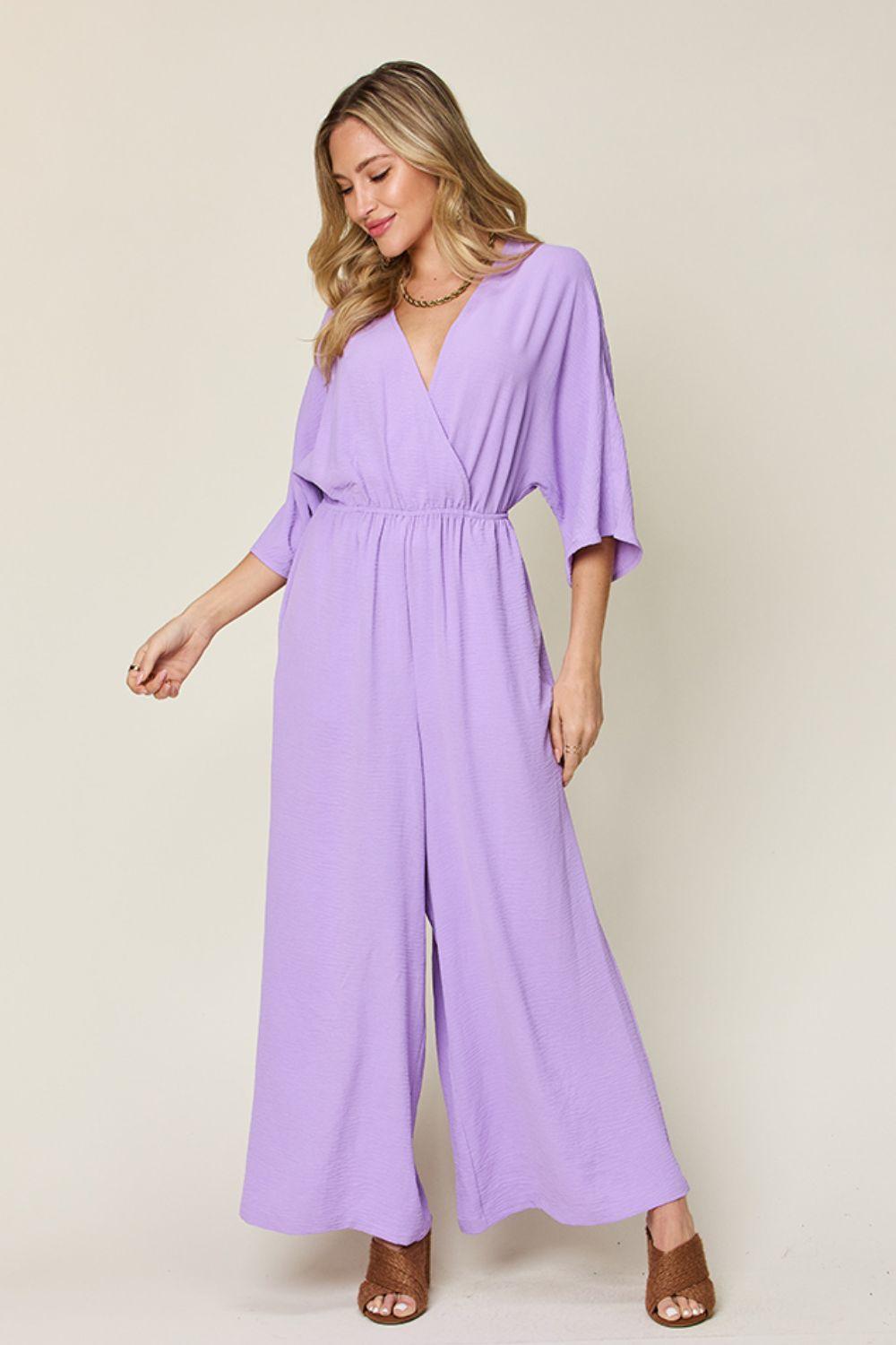 One-Piece Outfits for Every Occasion | Double Take Full Size Surplice Wide Leg Jumpsuit with Pockets - Modestly Vogue 