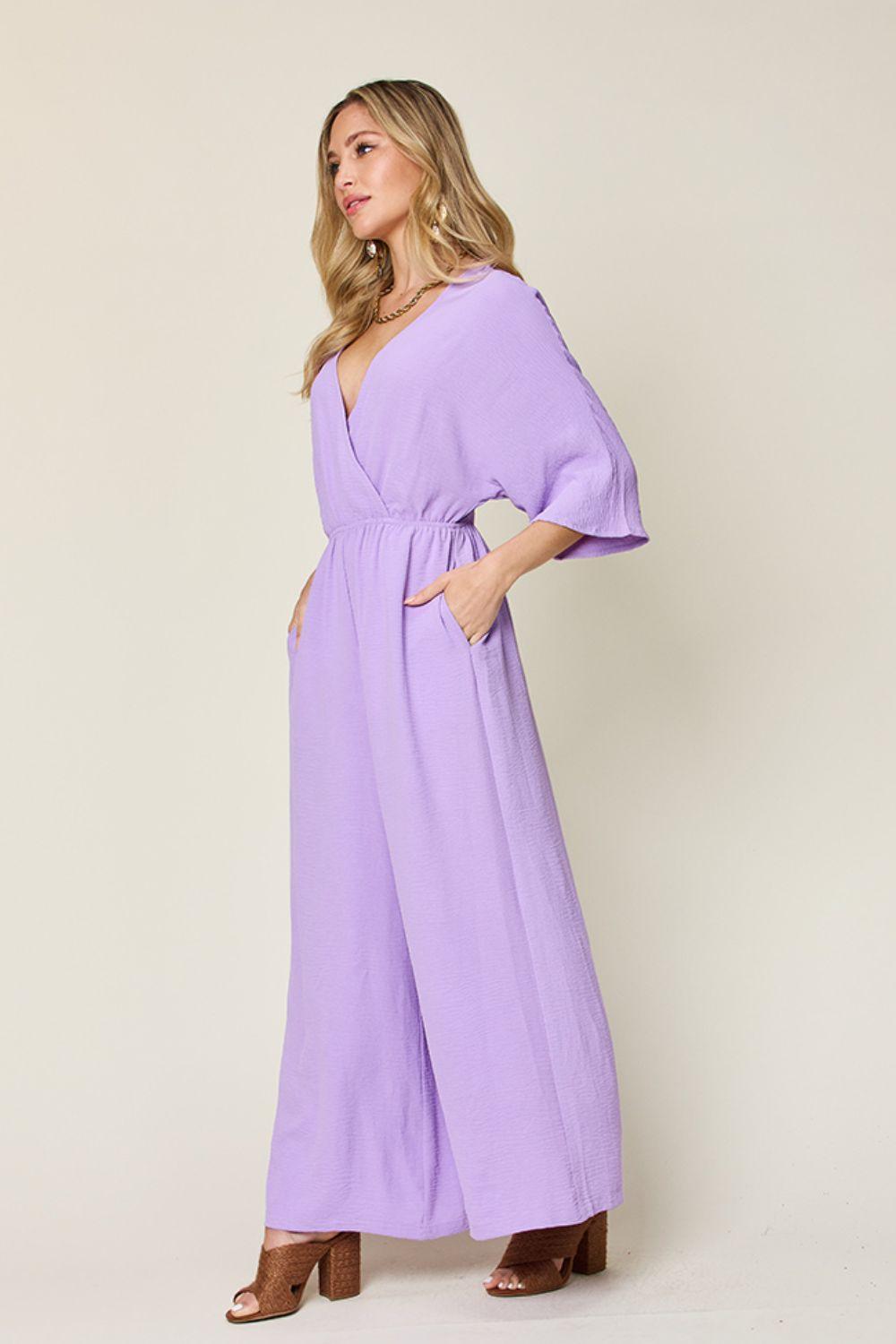 One-Piece Outfits for Every Occasion | Double Take Full Size Surplice Wide Leg Jumpsuit with Pockets - Modestly Vogue 