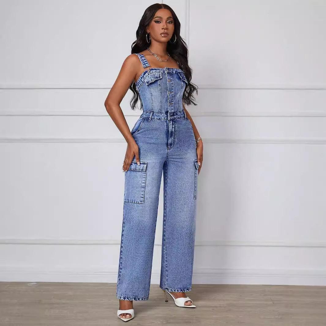 Denim – One-Piece Outfits | Curvy Fit | - Clothing | Clothing Casual Slimming Straight Jumpsuit Trousers - Modestly Vogue 