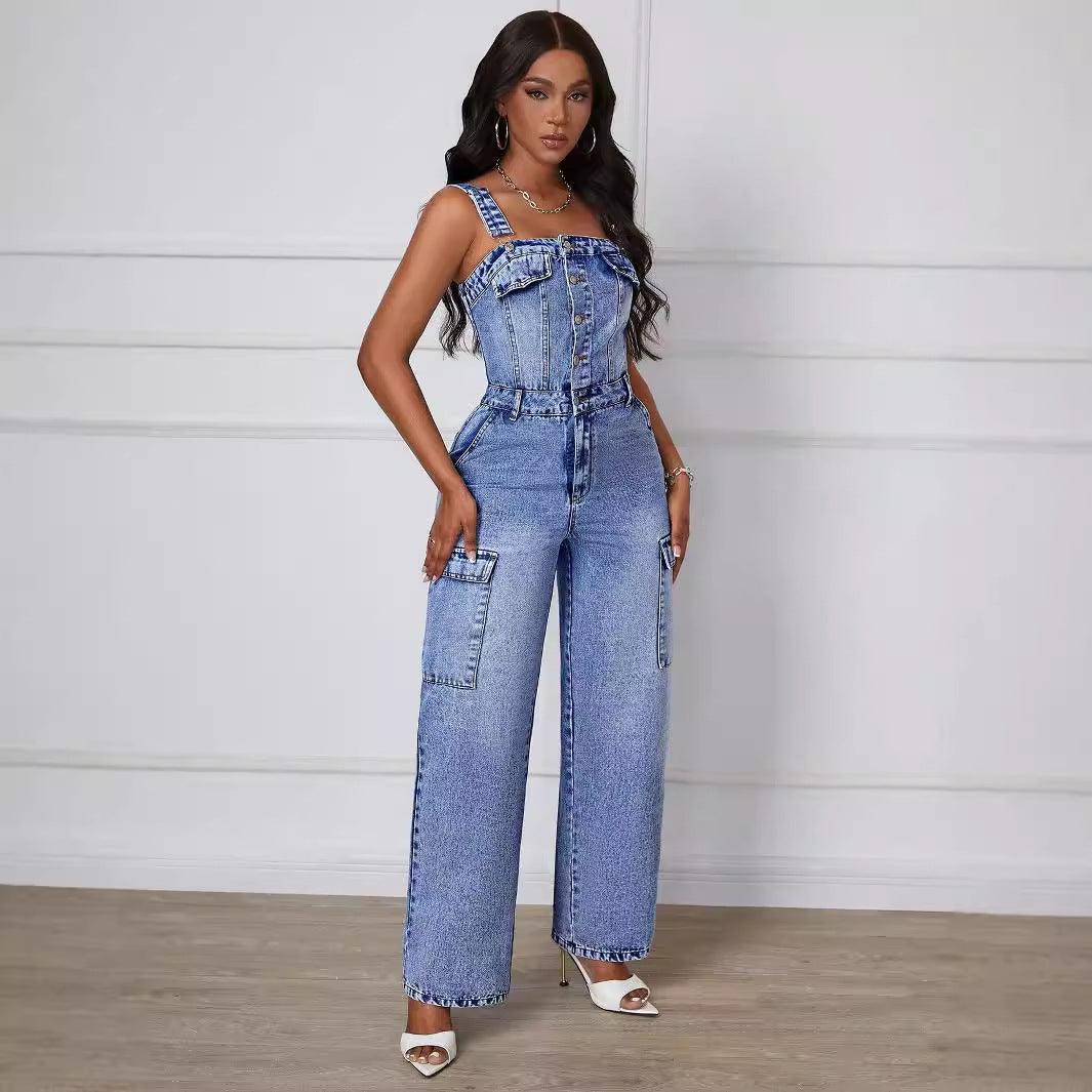 Denim – One-Piece Outfits | Curvy Fit | - Clothing | Clothing Casual Slimming Straight Jumpsuit Trousers - Modestly Vogue 