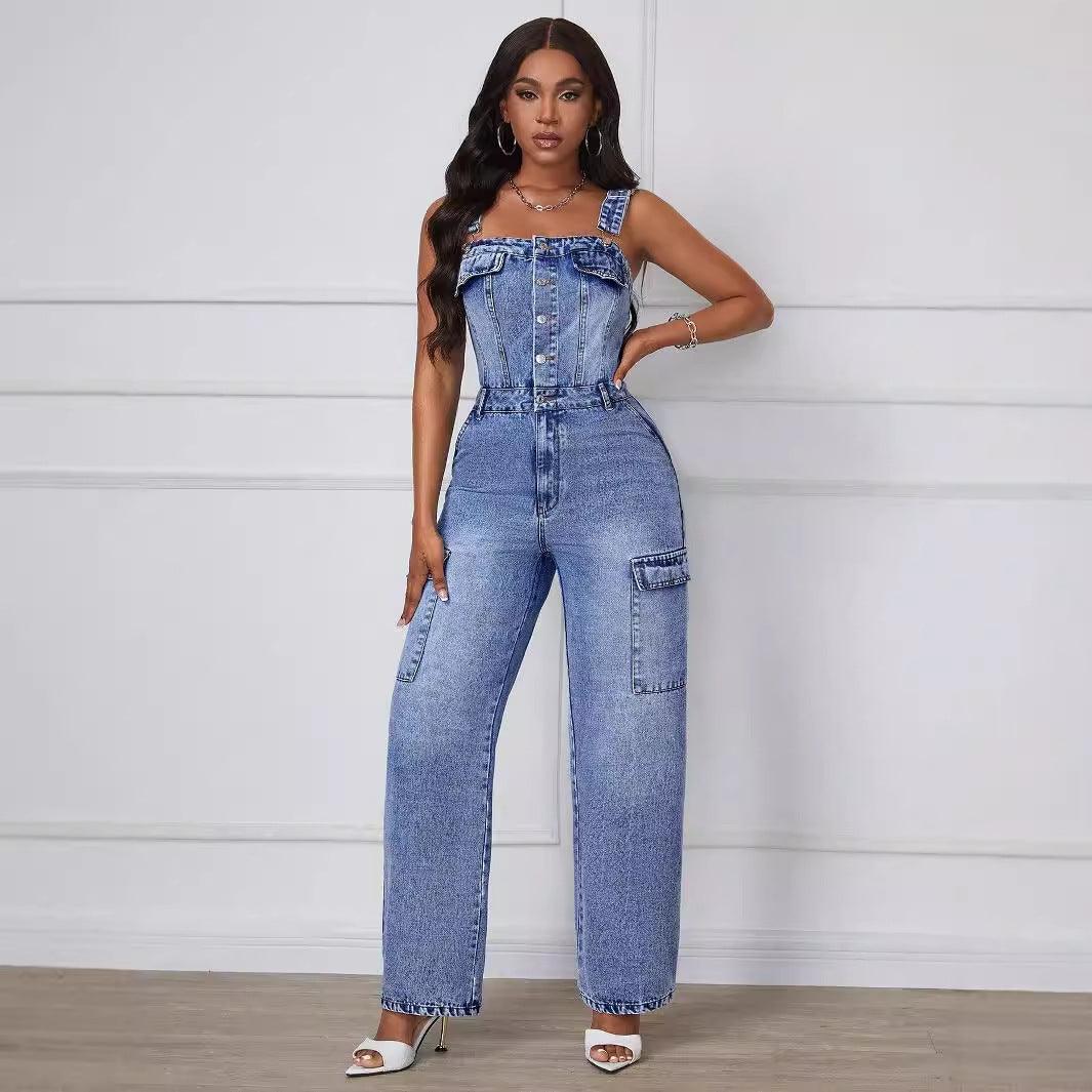 Denim – One-Piece Outfits | Curvy Fit | - Clothing | Clothing Casual Slimming Straight Jumpsuit Trousers - Modestly Vogue 