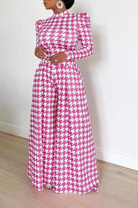 One-Piece Outfits for Every Occasion | HOUNDSTOOTH PRINT PUFF SLEEVE WIDE LEG JUMPSUIT - Modestly Vogue 