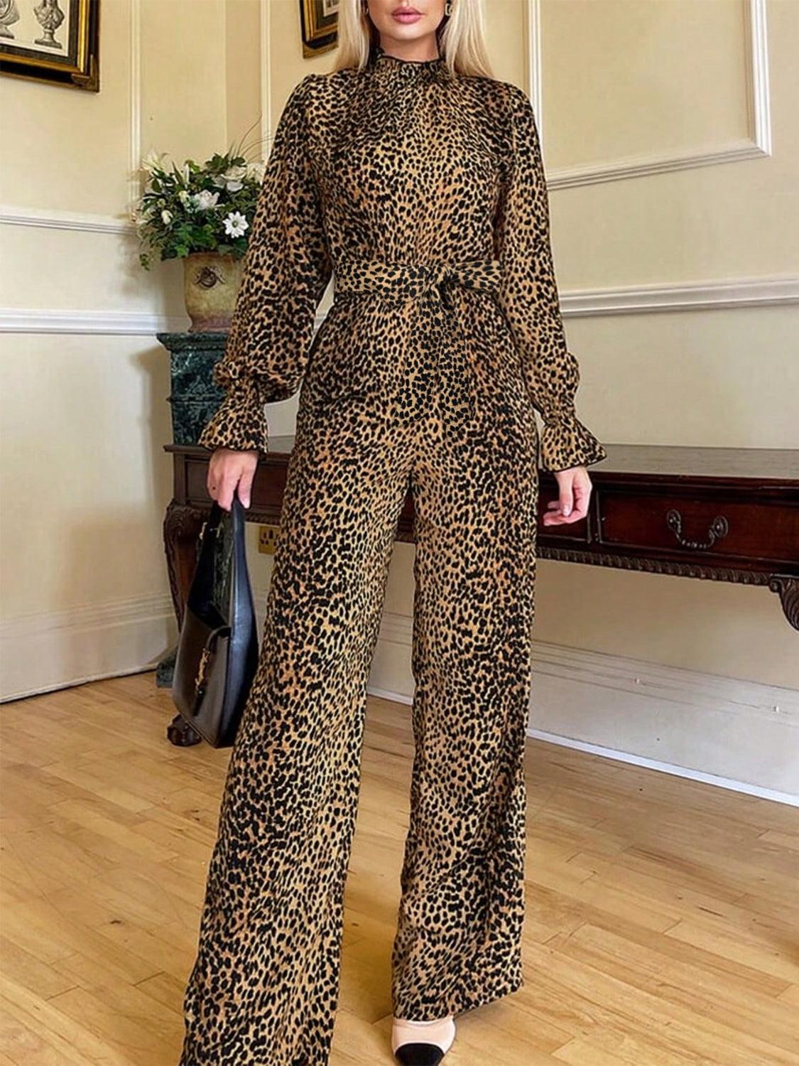 Trendy & Elegant Jumpsuits for Women – Stylish One-Piece Outfits for Every Occasion | Modestly Vogue Leopard Flounce Sleeve Wide Leg Jumpsuit - Modestly Vogue 