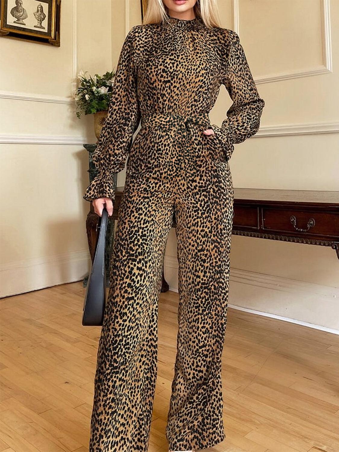 Trendy & Elegant Jumpsuits for Women – Stylish One-Piece Outfits for Every Occasion | Modestly Vogue Leopard Flounce Sleeve Wide Leg Jumpsuit - Modestly Vogue 