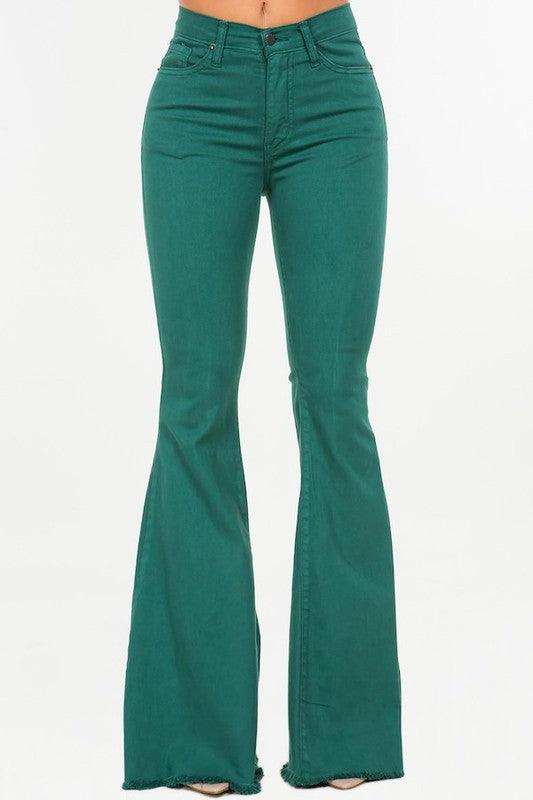 Denim – | Bell Bottom Jean In Hunter Green - Inseam 32 - Modestly Vogue 