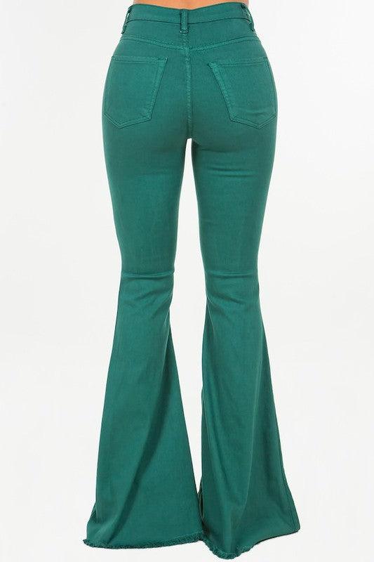 Denim – | Bell Bottom Jean In Hunter Green - Inseam 32 - Modestly Vogue 