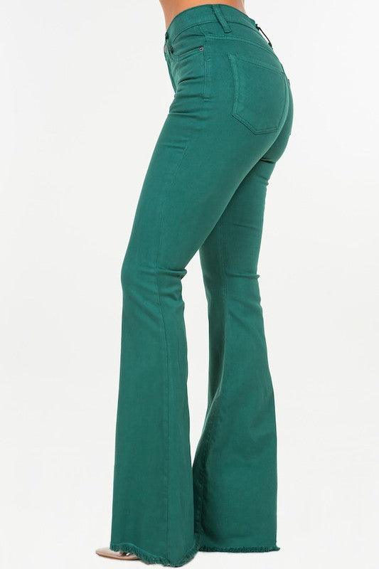 Denim – | Bell Bottom Jean In Hunter Green - Inseam 32 - Modestly Vogue 