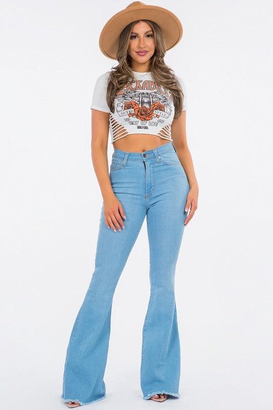 Denim – | Bell Bottom Jean in Light Blue - Modestly Vogue 