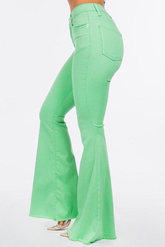 Denim – | Bell Bottom Jean in Lime - Vibrant High-Waisted Flare a Bold Look - Modestly Vogue 