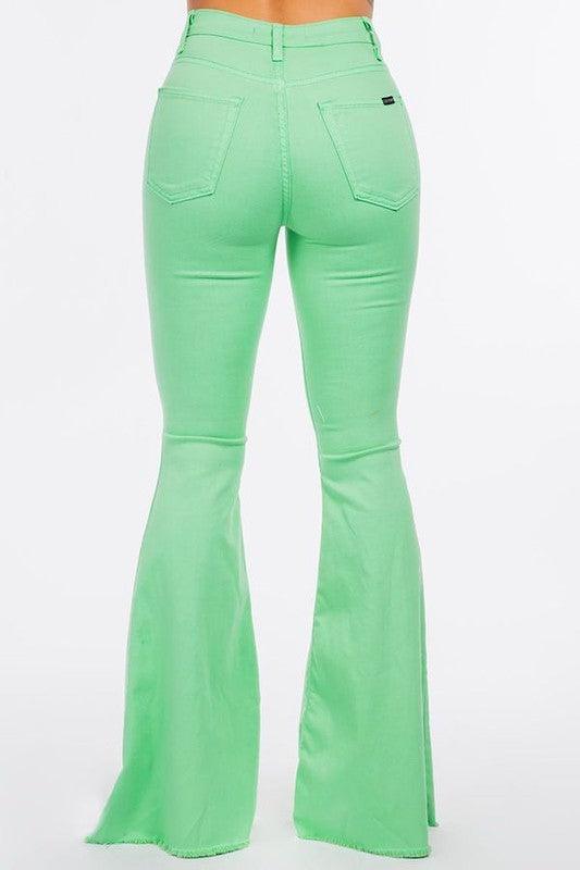 Denim – | Bell Bottom Jean in Lime - Vibrant High-Waisted Flare a Bold Look - Modestly Vogue 