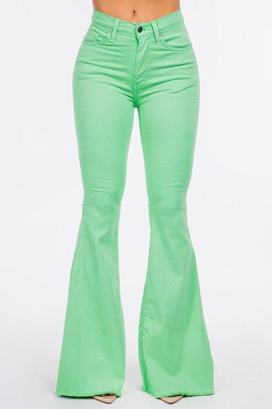 Denim – | Bell Bottom Jean in Lime - Vibrant High-Waisted Flare a Bold Look - Modestly Vogue 