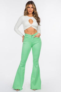 Denim – | Bell Bottom Jean in Lime - Vibrant High-Waisted Flare a Bold Look - Modestly Vogue 