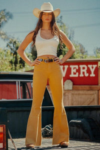 Denim – | Bell Bottom Jean in Mustard- Inseam 30 - Modestly Vogue 