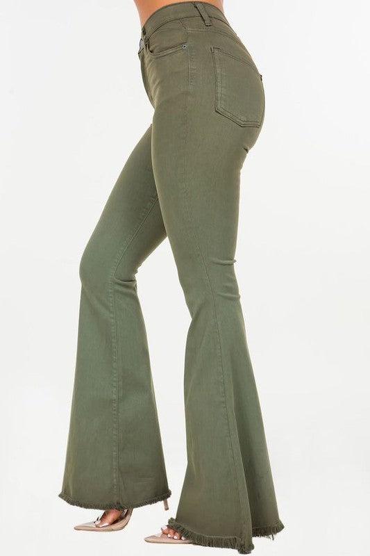 Denim – | Bell Bottom Jean in Olive- Inseam 30" - Modestly Vogue 