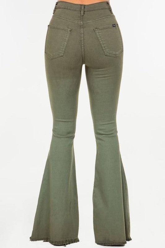 Denim – | Bell Bottom Jean in Olive- Inseam 30" - Modestly Vogue 