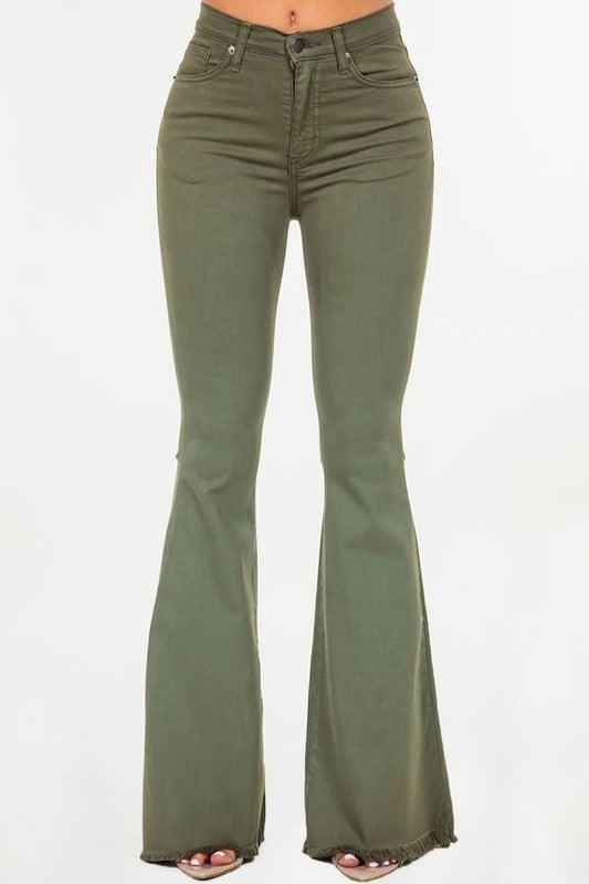 Denim – | Bell Bottom Jean in Olive- Inseam 30" - Modestly Vogue 