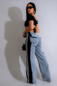 Denim – | Contrast Side Striped Wide Leg - Modestly Vogue 