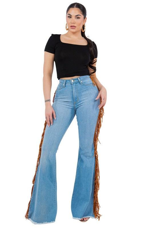 Denim – | Fringe Bell Bottom Jean in Light Wash- Inseam 30 - Modestly Vogue 