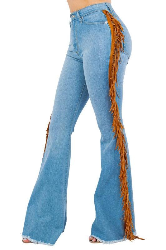 Denim – | Fringe Bell Bottom Jean in Light Wash- Inseam 30 - Modestly Vogue 