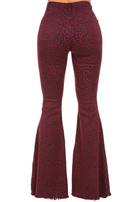 Denim – | Leopard Bell Bottom Jean in Burgundy - Modestly Vogue 