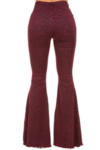 Denim – | Leopard Bell Bottom Jean in Burgundy - Modestly Vogue 