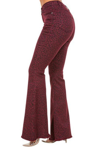 Denim – | Leopard Bell Bottom Jean in Burgundy - Modestly Vogue 