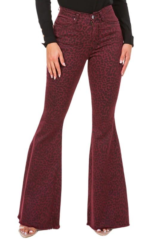 Denim – | Leopard Bell Bottom Jean in Burgundy - Modestly Vogue 