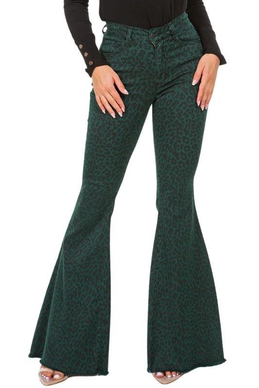 Denim – | Leopard Bell Bottom Jean in Pine Green - Modestly Vogue 