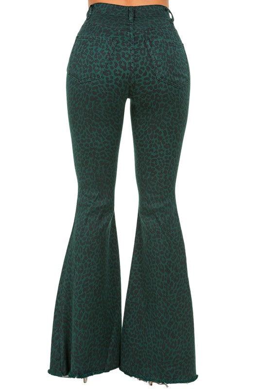 Denim – | Leopard Bell Bottom Jean in Pine Green - Modestly Vogue 