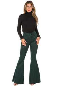 Denim – | Leopard Bell Bottom Jean in Pine Green - Modestly Vogue 