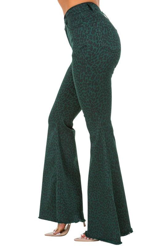 Denim – | Leopard Bell Bottom Jean in Pine Green - Modestly Vogue 