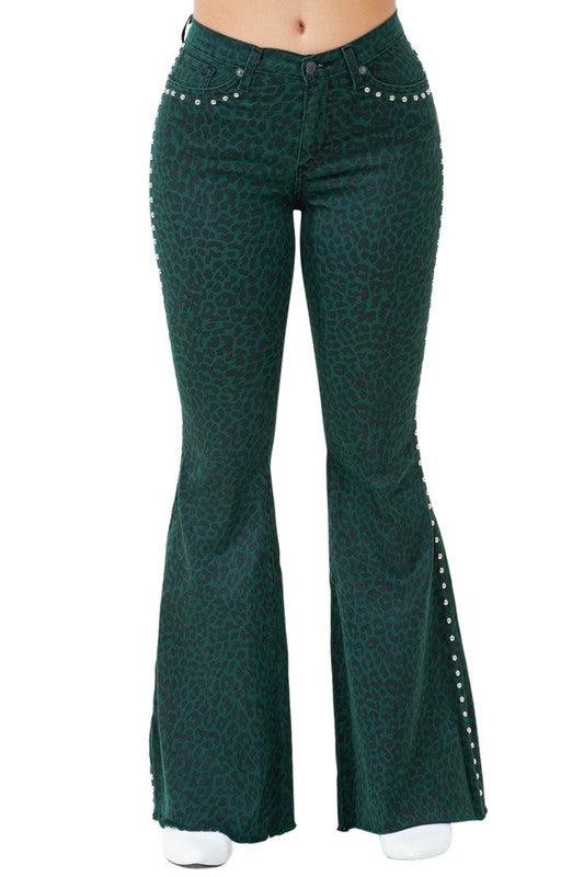 Denim – | Leopard Studded Bell Bottom - Inseam 30 - Modestly Vogue 