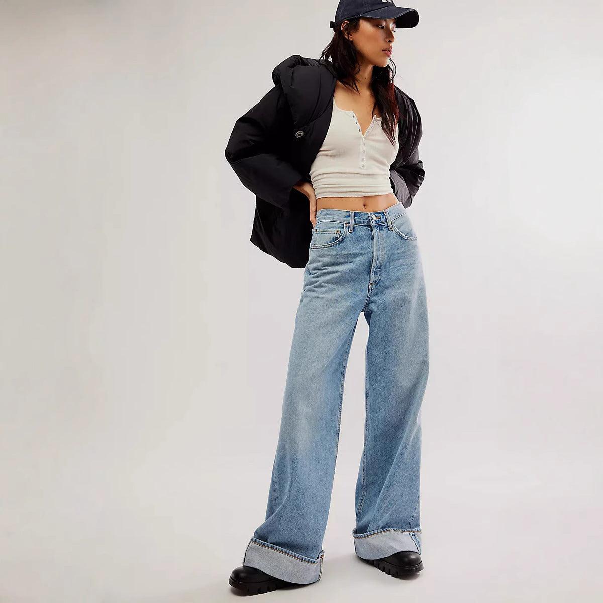 Denim – | Retro High Waist Slimming Straight Casual Wide Leg Loose Washed Design - Modestly Vogue 