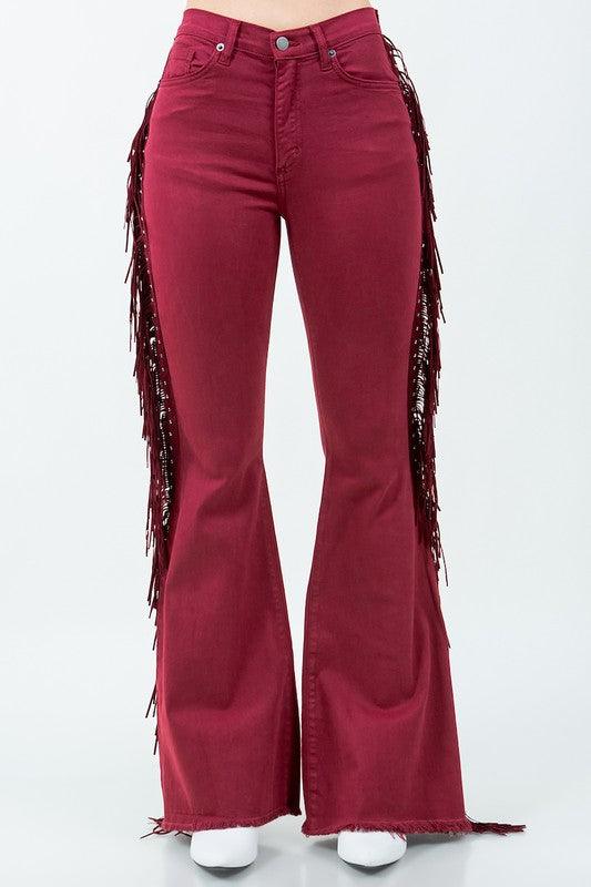 Denim – | Texas Sun Fringe Bell Bottom Wine - Inseam 30 - Modestly Vogue 