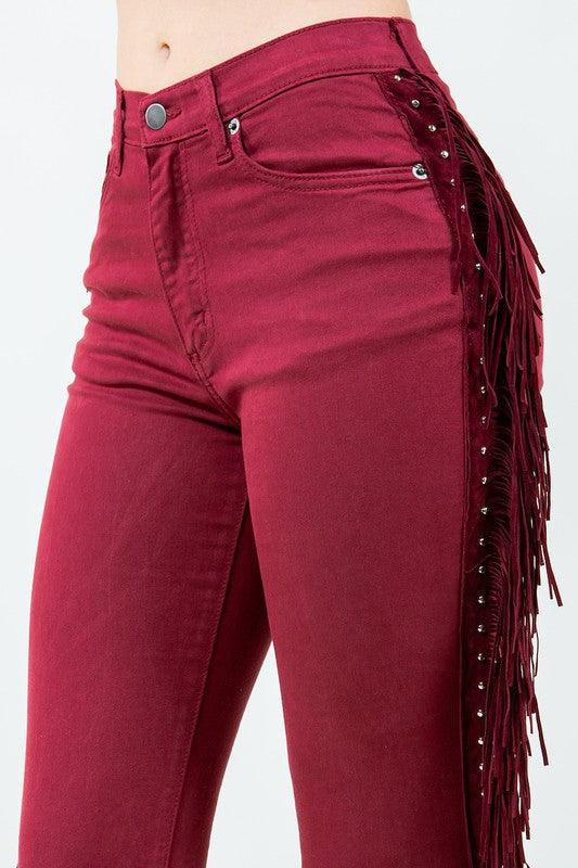 Denim – | Texas Sun Fringe Bell Bottom Wine - Inseam 30 - Modestly Vogue 