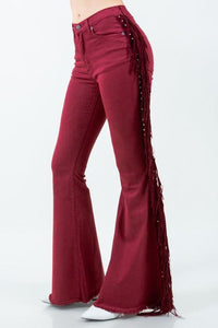 Denim – | Texas Sun Fringe Bell Bottom Wine - Inseam 30 - Modestly Vogue 