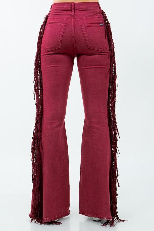 Denim – | Texas Sun Fringe Bell Bottom Wine - Inseam 30 - Modestly Vogue 