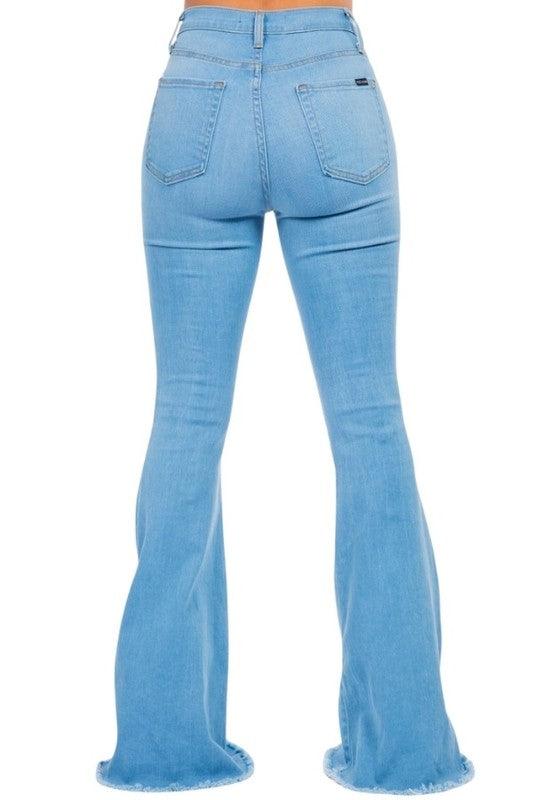 Denim Hearts Embroidered Bell Bottoms - High-Waisted Flare with 30" Inseam Jeans - Modestly Vogue 