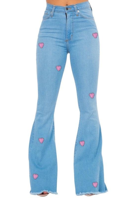 Denim Hearts Embroidered Bell Bottoms - High-Waisted Flare with 30" Inseam Jeans - Modestly Vogue 