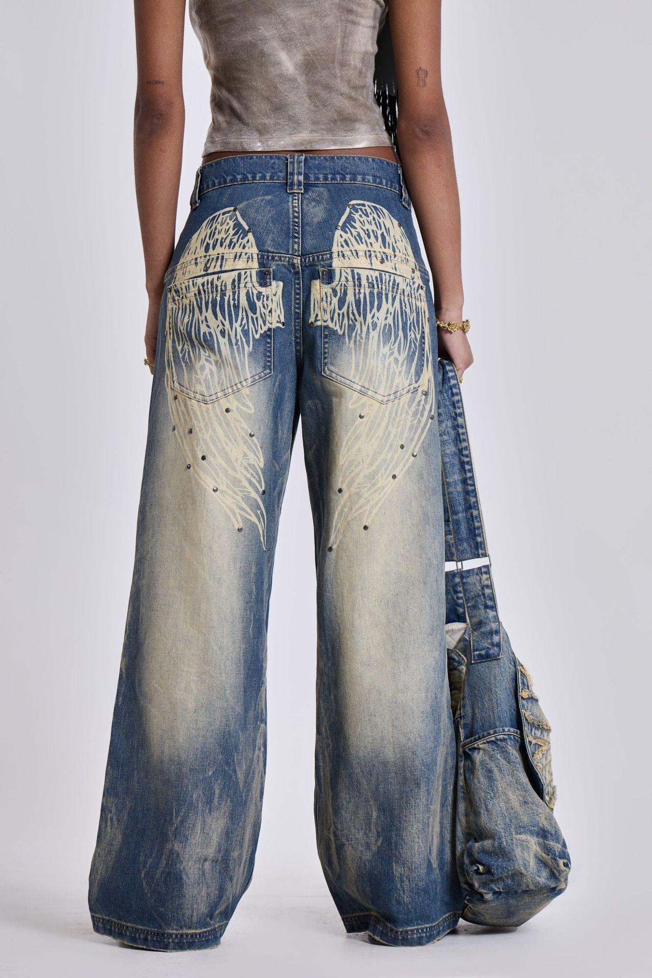 Denim – | Washed Old Gradient Wings Printing Retro Loose Wide Leg - Modestly Vogue 